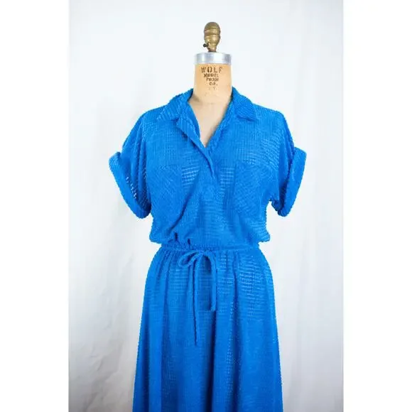 Vintage 70s Royal Blue Terry Cloth Textured Midi Dress, Indie Mod Retro, Small - Picture 2 of 10